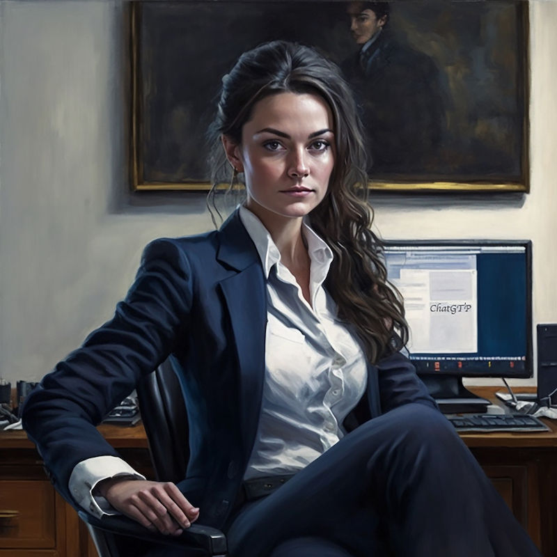 A picture in the style of an oil painting of a pretty woman sitting at a desk. She appears to have six fingers on one hand.